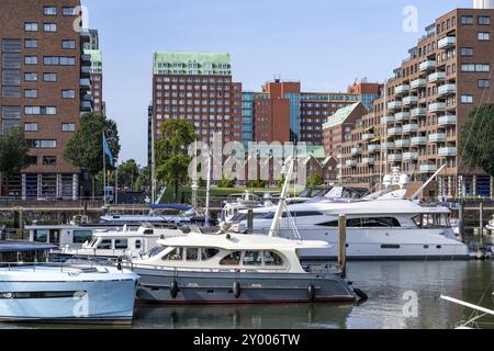 Rotterdam Marina, derrière des immeubles résidentiels de grande hauteur à Spoorweghaven, port de plaisance, bateaux à voile, yachts à moteur, dans le port intérieur, Banque D'Images