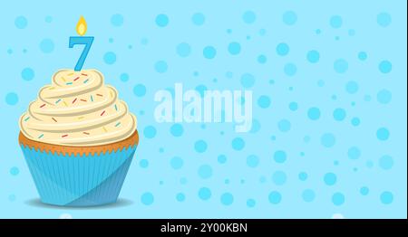 fond d'anniversaire de 7 ans avec cupcake et bougie Banque D'Images