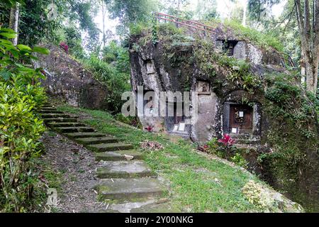 Escaliers vers les tombes rocheuses de Bori Kalimbuang, site funéraire mégalithique, entouré d'une végétation tropicale luxuriante, tana toraja, sulawesi, indonésie Banque D'Images