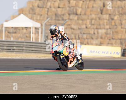 99 Rueda Jose Antonio MOTO3 (JRue) SPA Red Bull KTM Ajo KTM lors du Moto Grand Prix GoPro d'Aragon qualification MotoGP samedi, MotoGP d'Espagne au circuit Motorland à Alcaniz le 31 août 2024 à Alcaniz, Espagne. Lors du Gran Premio GoPro de Aragon, Championnat du monde MotoGP à Aragon, Espagne, août 31 2024 Banque D'Images