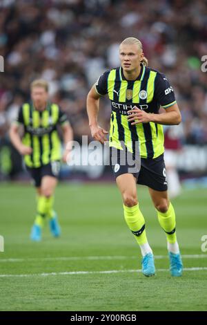 LONDRES, Royaume-Uni - 31 août 2024 : Erling Haaland de Manchester City lors du match de premier League entre West Ham United et Manchester City au stade de Londres (crédit : Craig Mercer/ Alamy Live News) Banque D'Images