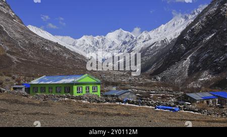 Gangchenpo enneigé, vue depuis le petit village Mundu, vallée du Langtang, Népal, Asie Banque D'Images