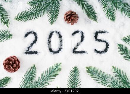 Disposition de Noël à la mode faite avec des branches d'arbre de Noël enneigées vertes et 2025 ans écrit dans la neige. Fond d'hiver créatif. Concept du nouvel an. Banque D'Images