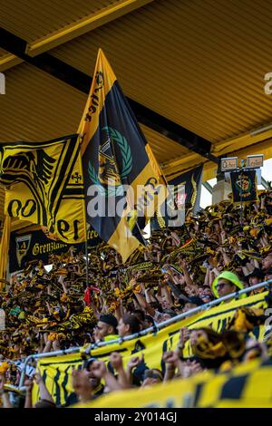 Aix-la-Chapelle, Deutschland. 31 août 2024. Torjubel der fans TSV Alemannia Aix-la-Chapelle v. FC Erzgebirge Aue, Fussball, 3. Liga, 4. Spieltag, saison 2024/2025, 31.08.2024, Foto : Eibner-Pressefoto/Justin Derondeau LA RÉGLEMENTATION DFB INTERDIT TOUTE UTILISATION DE PHOTOGRAPHIES COMME SÉQUENCES D'IMAGES ET/OU QUASI-VIDÉO/dpa/Alamy Live News Banque D'Images