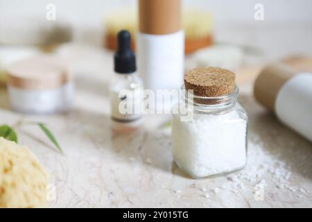 Crème visage, sérum, lotion, hydratant et sel de mer parmi les feuilles de bambou dans le bain Banque D'Images