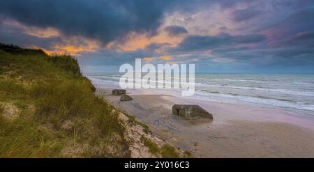 Longue exposition des anciennes fortifications de bunker sur une plage de sable Banque D'Images