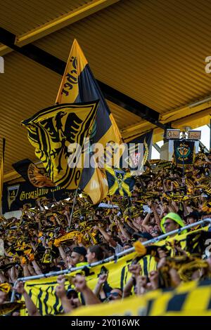 Aix-la-Chapelle, Deutschland. 31 août 2024. Torjubel der fans TSV Alemannia Aix-la-Chapelle v. FC Erzgebirge Aue, Fussball, 3. Liga, 4. Spieltag, saison 2024/2025, 31.08.2024, Foto : Eibner-Pressefoto/Justin Derondeau LA RÉGLEMENTATION DFB INTERDIT TOUTE UTILISATION DE PHOTOGRAPHIES COMME SÉQUENCES D'IMAGES ET/OU QUASI-VIDÉO/dpa/Alamy Live News Banque D'Images