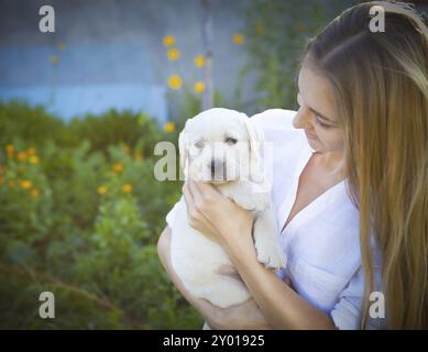 Close up de femme en blouse blanche avec de chiot labrador dans le jardin d'été Banque D'Images