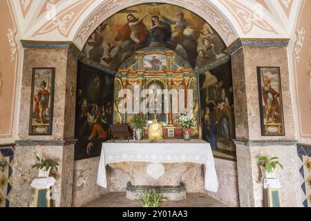 Retable baroque, 1622, conçu par Francesc Ferrer, Oratoire, Château d'Alaro, XIVe siècle, Majorque, îles Baléares, Espagne, Europe Banque D'Images