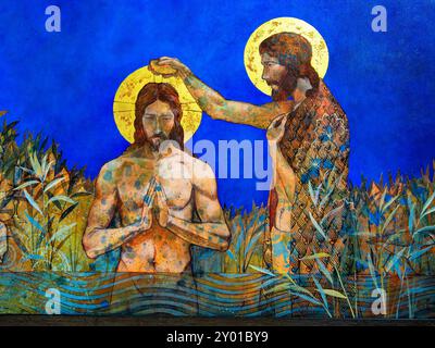 Saint Malo, France - 20 juillet 2024 : peinture du baptême du Christ dans la Cathédrale de Saint-Malo en France Banque D'Images