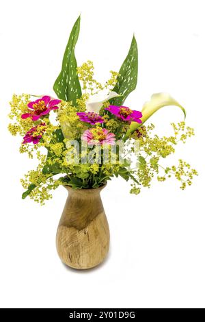 Bouquet de lis calla, zinnia et manteau de dame taillé sur blanc Banque D'Images