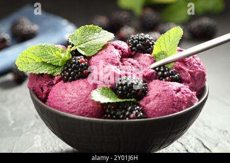 Délicieux sorbet aux mûres, baies fraîches et menthe dans un bol servi sur une table texturée grise, gros plan Banque D'Images