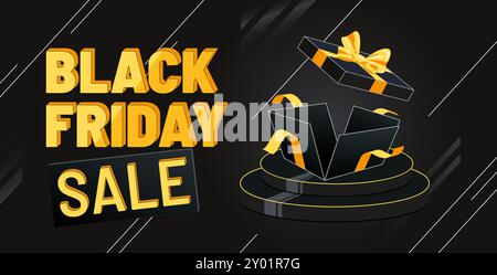 Présentation de bannière d'annonce de grande vente du vendredi fou avec des boîtes-cadeaux sur les podiums. Offre de réduction sur novembre 29 Banner concept. Traditionnel en ligne et Illustration de Vecteur