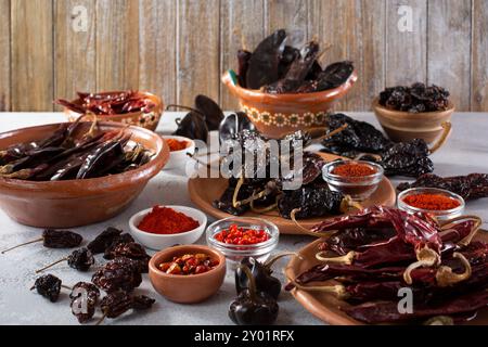 Une vue d'une variété de piments du chili séchés. Banque D'Images