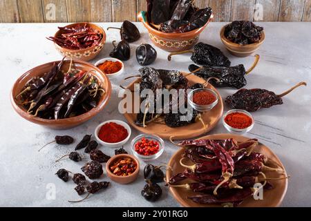 Une vue d'une variété de piments du chili séchés. Banque D'Images