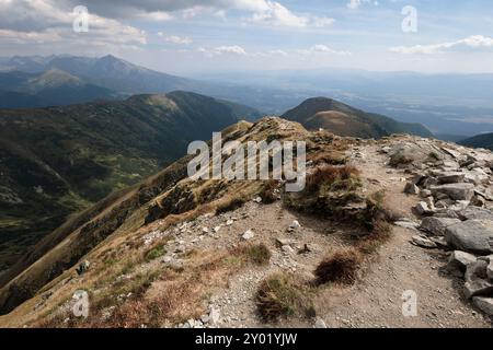 Bystra, Western Tatras, Slovaquie. Hautes Tatras au loin. Beau paysage paysage d'été des montagnes et de la vallée, vue du sommet, pic et somme Banque D'Images