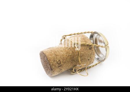 Liège de champagne sur fond blanc Banque D'Images