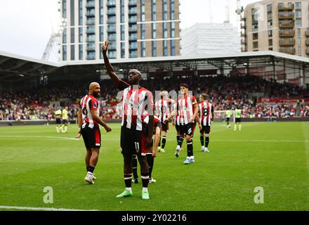 Londres, Royaume-Uni. 31 août 2024. Yoane Wissa de Brentford célèbre avoir marqué son troisième but lors du match de premier League au Gtech Community Stadium de Londres. Le crédit photo devrait se lire comme suit : David Klein/Sportimage crédit : Sportimage Ltd/Alamy Live News Banque D'Images