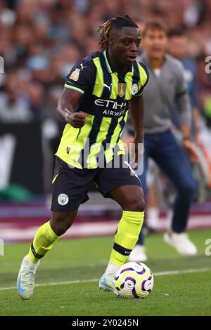 London Stadium, Londres, Royaume-Uni. 31 août 2024. Premier League Football, West Ham United contre Manchester City ; Jeremy Doku de Manchester City crédit : action plus Sports/Alamy Live News Banque D'Images