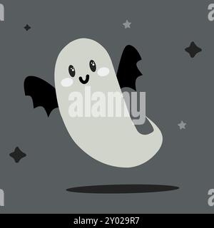 Fantôme mignon effrayant pour la célébration d'Halloween avec des ailes de chauve-souris. Illustration d'Halloween Illustration de Vecteur