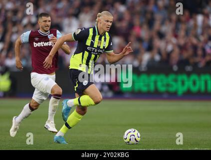 Londres, Royaume-Uni. 31 août 2024. Erling Haaland (MC) au West Ham United contre Manchester City EPL match, au London Stadium, Londres, Royaume-Uni le 31 août 2024. Crédit : Paul Marriott/Alamy Live News Banque D'Images
