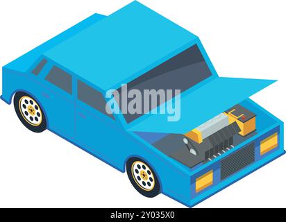 Icône isométrique de voiture avec capot ouvert. Contrôle de maintenance automatique Illustration de Vecteur