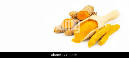 Poudre de curcuma en cuillère et racine de curcuma isolée sur fond blanc, concept d'épices, ( curcuma longa ) Banque D'Images