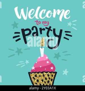 Bienvenue dans le flyer de fête. Motif carré pailleté doré Illustration de Vecteur