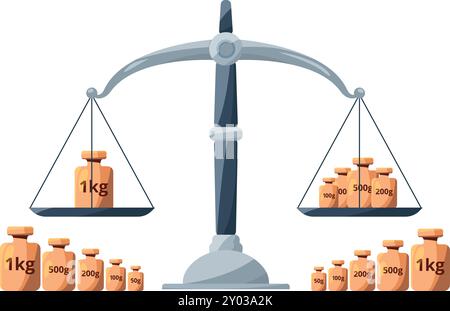Ancienne balance avec icône de dessin animé de poids d'étalonnage en métal Illustration de Vecteur