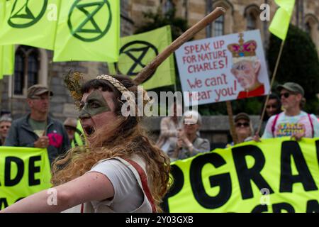 Windsor, Royaume-Uni. 31 août 2024. Un danseur Morris crie pendant le spectacle à l'extérieur du château de Windsor. Les membres de l'extinction Rebellion se sont rassemblés pour le week-end à Windsor, près du château. Week-end appelé «améliorer la démocratie» parce que selon la rébellion d'extinction le système politique est dépassé et il n'est pas capable de répondre à la crise climatique et écologique à laquelle l'humanité est confrontée. Crédit : SOPA images Limited/Alamy Live News Banque D'Images