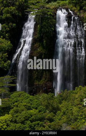 La double cascade Opaekaa Falls sur Kauai Hawaii Banque D'Images