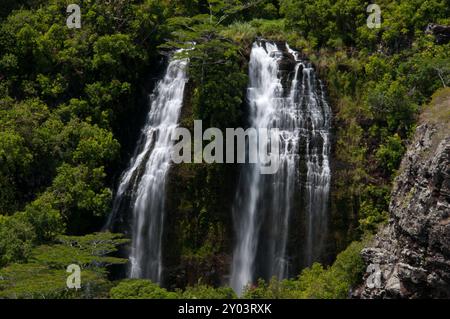 La double cascade Opaekaa Falls sur Kauai Hawaii Banque D'Images