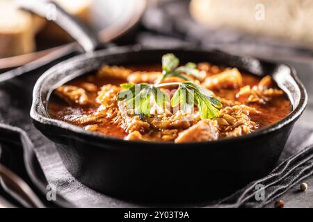 Soupe savoureuse ou ragoût à base de tripes de bœuf et d'épices. Soupe de tripes épicée et aromatique assaisonnée au poivre et servie avec du pain. Banque D'Images