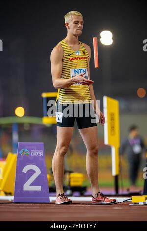 Max HUSEMANN (Eintracht Hildesheim), ALLEMAGNE, 4x400m Relay Men PER, Leichtathletik, Athlétisme, Championnats du monde d'athlétisme U20 Lima 24, Leichtathletik Weltmeisterschaften, 31.08.2024, Foto : Eibner-Pressefoto/Jan Papenfuss Banque D'Images