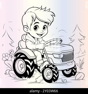 Farmer Boy Driving A Tractor Coloring page pour les enfants Illustration de Vecteur