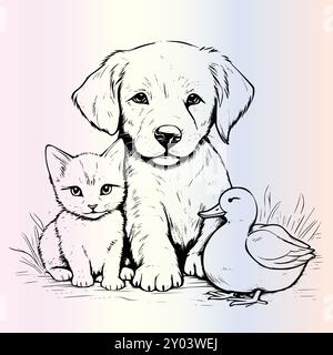 Drôle Kitten Duck Dog et Cat Coloring pages dessin pour les enfants Illustration de Vecteur