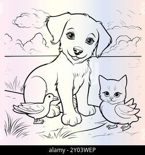 Drôle Kitten Duck Dog et Cat Coloring pages dessin pour les enfants Illustration de Vecteur