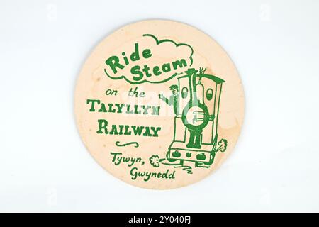 Vintage Talyllyn Tywyn Railway Beer mat Drink Coaster – pays de Galles, Royaume-Uni – 30 août 2024 Banque D'Images