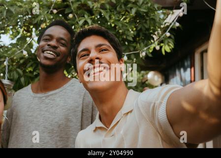 Jeune homme souriant prenant selfie avec un ami masculin au dîner Banque D'Images