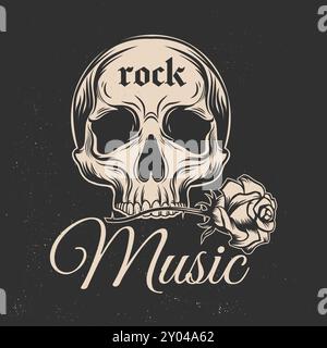 Rock Music. Imprimé vintage, logo, conception d'écusson avec crâne humain et silhouette de rose. Illustration vectorielle. Illustration de Vecteur