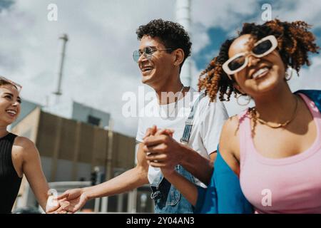 Heureux jeune homme à la mode tenant la main et dansant avec des amies féminines dans la rue Banque D'Images