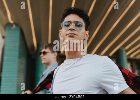 Portrait bas angle de jeune homme à la mode dans des lunettes de soleil et nez percé Banque D'Images
