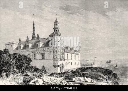 Vue du château de Kronborg et d'Oresund, Helsingor, Danemark, dessin d'Emile Therond (1821- 1883) de voyage au Danemark, 1860 de Jean-Marie Dargaud (1800-1866) le Tour du monde 1862 Banque D'Images