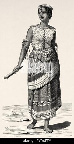 Femme de l'île de Koti, île de Bornéo, Malaisie, dessin de Gustave Boulanger (1824-1886) voyage à l'île de Bornéo, 1847 de Carl Schwaner (1817-1851) le Tour du monde 1862 Banque D'Images