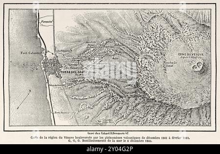 Carte de la région du Vésuve affectée par des phénomènes volcaniques de décembre 1861 à février 1862, Naples. Italie, dessin d'Edouard Riou (1833 - 1900) balade autour de Naples, 1862 de Marc Monnier (1827-1885) le Tour du monde 1862 Banque D'Images