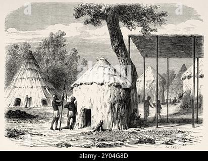 Vieux village de Djour, région de Bahr-el-Gazal, Soudan. Afrique, dessin de Karl Girardet (1813-1871) voyage vers la rivière Gazelles, Nil Blanc, 1856-1857 par Angelo Bolognese. Le Tour du monde 1862 Banque D'Images