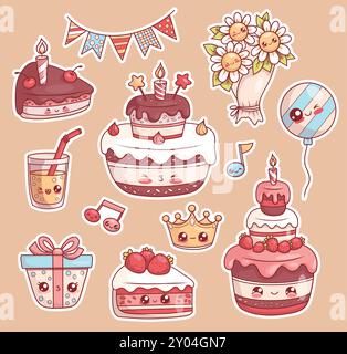 Autocollants des fêtes. Personnage de dessin animé kawaii isolé. Gâteau d'anniversaire festif avec des bougies et des fraises, couronne, bouquet de fleurs, cadeau, ballon, couronne Illustration de Vecteur