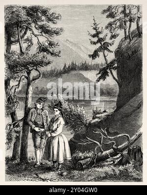 Couple de personnes locales de Vuollerim, Suède. Voyage dans les états scandinaves, 1856, Suède et Laponie. Texte et dessins de Saint Blaise. Le Tour du monde 1862 Banque D'Images