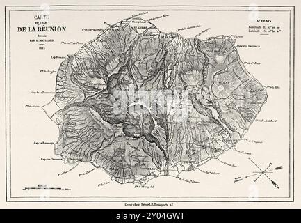 Ancienne carte de l'île de la Réunion. Océan Indien occidental. Voyage à la Réunion, 1861 par Louis Laurent Simonin (1830-1886) le Tour du monde 1862 Banque D'Images