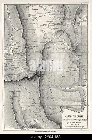 Ancienne carte d'itinéraire du voyage de Paul Marcoy en Amérique du Sud, de Arequipa à la rivière Willkamayu, Pérou, Amérique du Sud. Voyage à travers l'Amérique du Sud de l'océan Pacifique à l'océan Atlantique, 1848-1960 par Paul Marcoy (1815 - 1887) première étape, d'Islay à Arequipa, Pérou. Le Tour du monde 1862 Banque D'Images